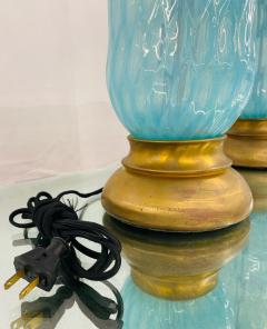  Barovier Toso Pair of Italian Mid Century Modern Murano Glass Table Lamps Turquoise Brass - 3145096