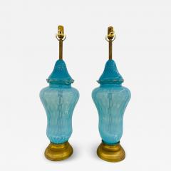  Barovier Toso Pair of Italian Mid Century Modern Murano Glass Table Lamps Turquoise Brass - 3280179