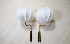  Bergboms Midcentury Brass Wall Lights Bergboms with Cotton shades Sweden 1970s - 2936817