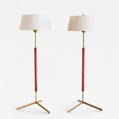  Bergboms Pair of Bergboms G 31 Floor Lamps in Brass Leather and Linen Sweden 1940s - 3330927