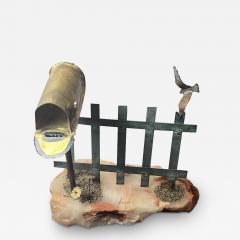  Bijan BRUTALIST BEACH SIDE MAILBOX WITH FENCE AND SEAGULL METAL AND ONYX SCULPTURE - 3521315