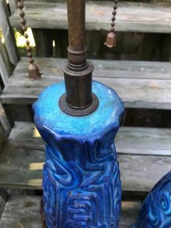  Bitossi Spectacular Pair XL Textured Blue Bitossi Style Ceramic Lamp Mid Century Modern - 3396963