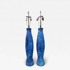  Bitossi Spectacular Pair XL Textured Blue Bitossi Style Ceramic Lamp Mid Century Modern - 3402136