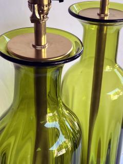  Blenko Glass Co Large Pair Blenko Mid Century Olive green Ribbed Vases now as Lamps - 4239997