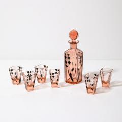  Bohemia Crystal Art Deco Bohemia Glass Cubist Decanter Set in Smoked Rose W Diamond Patterning - 3819395