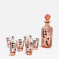  Bohemia Crystal Art Deco Bohemia Glass Cubist Decanter Set in Smoked Rose W Diamond Patterning - 3823901
