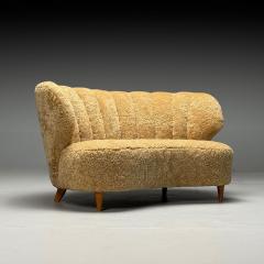  Boman OY Carl Johan Boman Mid Century Modern Curved Sofa Sheepskin Finland 1940s - 3956138