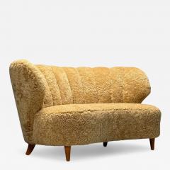  Boman OY Carl Johan Boman Mid Century Modern Curved Sofa Sheepskin Finland 1940s - 3956154