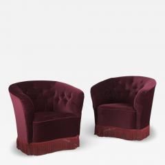  Boman OY Pair of Finnish Design Curved Armchairs in Red Velvet Attr to Boman Circa 1940s - 4602276