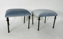  Bourgeois Boheme Atelier Pair of Sorgue Stools Blue Mohair Fabric - 2038809