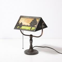  Bradley Hubbard Manufacturing Company Arts and Crafts Bronze Bradley Hubbard Scenic Slag Glass Paneled Table Lamp - 4304462