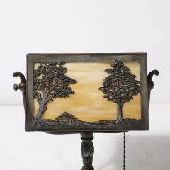  Bradley Hubbard Manufacturing Company Arts and Crafts Bronze Bradley Hubbard Scenic Slag Glass Paneled Table Lamp - 4304466