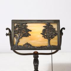  Bradley Hubbard Manufacturing Company Arts and Crafts Bronze Bradley Hubbard Scenic Slag Glass Paneled Table Lamp - 4304469