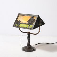  Bradley Hubbard Manufacturing Company Arts and Crafts Bronze Bradley Hubbard Scenic Slag Glass Paneled Table Lamp - 4304470