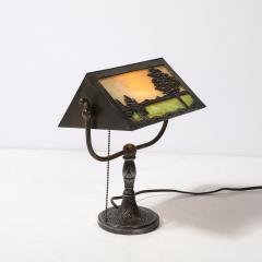  Bradley Hubbard Manufacturing Company Arts and Crafts Bronze Bradley Hubbard Scenic Slag Glass Paneled Table Lamp - 4304471
