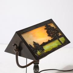  Bradley Hubbard Manufacturing Company Arts and Crafts Bronze Bradley Hubbard Scenic Slag Glass Paneled Table Lamp - 4304472