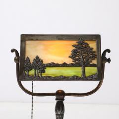  Bradley Hubbard Manufacturing Company Arts and Crafts Bronze Bradley Hubbard Scenic Slag Glass Paneled Table Lamp - 4304478