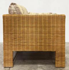  Brown Jordan Furniture Vintage Brown Jordan Woven Wicker Cube Club Chairs Pair with Cushions Marked - 4125756