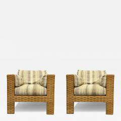  Brown Jordan Furniture Vintage Brown Jordan Woven Wicker Cube Club Chairs Pair with Cushions Marked - 4127657