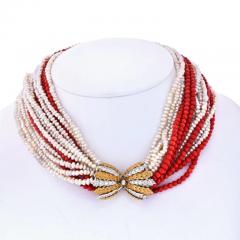  Buccellati BUCCELLATI 18K YELLOW GOLD 16 STRING CORAL PEARL DIAMOND CLASP NECKLACE - 2824485