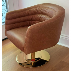  CB2 Cb2 Mid Century Modern Style Leather Barrel Swivel Chair With Gold Metal Base - 3101431
