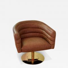  CB2 Cb2 Mid Century Modern Style Leather Barrel Swivel Chair With Gold Metal Base - 3103330