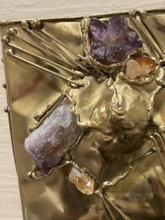  Carole Stupell Ltd BRUTALIST BRASS SCULPTURAL AMETHYST AMBER AQUA AND CLEAR QUARTZ WASTE PAPER CAN - 2993004