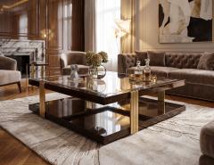  Carrocel Interiors Custom Walnut and Brass Coffee Table Art Deco Inspired Two Tier Design - 4792078