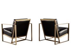  Carrocel Interiors Pair of Custom Black Leather Lounge Chairs with Antiqued Brass Metal Frames - 3514774