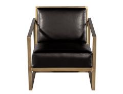  Carrocel Interiors Pair of Custom Black Leather Lounge Chairs with Antiqued Brass Metal Frames - 3514775