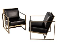  Carrocel Interiors Pair of Custom Black Leather Lounge Chairs with Antiqued Brass Metal Frames - 3514776