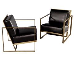  Carrocel Interiors Pair of Custom Black Leather Lounge Chairs with Antiqued Brass Metal Frames - 3514778