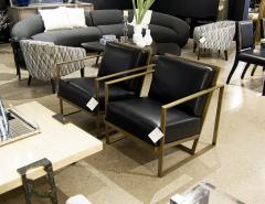  Carrocel Interiors Pair of Custom Black Leather Lounge Chairs with Antiqued Brass Metal Frames - 3514784