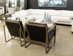  Carrocel Interiors Pair of Custom Black Leather Lounge Chairs with Antiqued Brass Metal Frames - 3514785