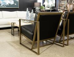  Carrocel Interiors Pair of Custom Black Leather Lounge Chairs with Antiqued Brass Metal Frames - 3514786