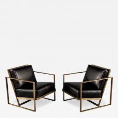  Carrocel Interiors Pair of Custom Black Leather Lounge Chairs with Antiqued Brass Metal Frames - 3518401