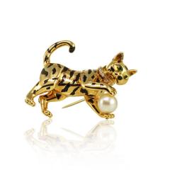  Cartier CARTIER PANTHERE 18K YELLOW GOLD FRENCH DIAMOND PEARL CAT BROOCH - 1694214