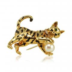  Cartier CARTIER PANTHERE 18K YELLOW GOLD FRENCH DIAMOND PEARL CAT BROOCH - 1695846