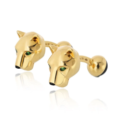  Cartier Cartier Panthere 18K Yellow Gold Black Onyx Nose And Green Eyes Cuff Links - 3909484