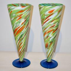  Cenedese Cenedese 1970 Pair of White Green Orange Murano Glass Conical Vases on Blue Base - 852417