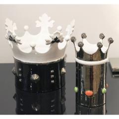  Ceramica Gatti Contemporary Italian Design Black White Majolica Crown with Platinum Accents - 479260