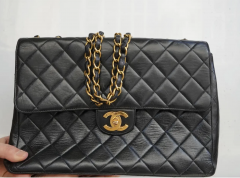  Chanel Chanel Vintage Jumbo Black Quilted Lambskin Charm CC 24K Tassel Handbag Purse - 3730842