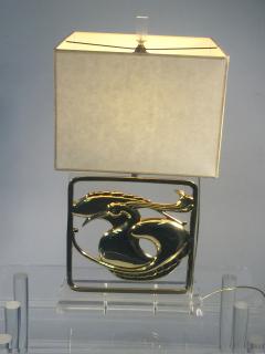  Chapman Manufacturing Company Exceptional Pair of Stylized Brass Egret and Fish Design Lucite Lamps - 565204