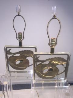  Chapman Manufacturing Company Exceptional Pair of Stylized Brass Egret and Fish Design Lucite Lamps - 565205