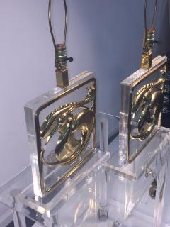  Chapman Manufacturing Company Exceptional Pair of Stylized Brass Egret and Fish Design Lucite Lamps - 565212