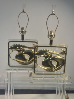  Chapman Manufacturing Company Exceptional Pair of Stylized Brass Egret and Fish Design Lucite Lamps - 565221