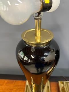  Chapman Manufacturing Company Pair of Mid Century Black Ceramic Urn Lamps with Stepped Brass Bases by Chapman - 4206770