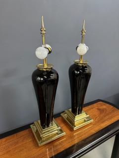  Chapman Manufacturing Company Pair of Mid Century Black Ceramic Urn Lamps with Stepped Brass Bases by Chapman - 4206794