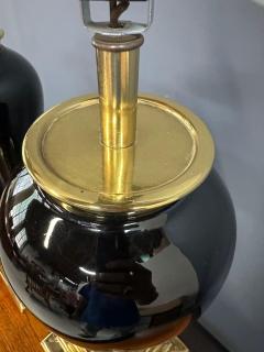  Chapman Manufacturing Company Pair of Mid Century Black Ceramic Urn Lamps with Stepped Brass Bases by Chapman - 4206798
