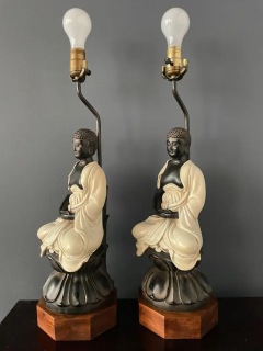  Chapman Mfg Co Chapman Pair Ceramic Table Lamps of Sitting Buddhas on Rosewood Base Mid Century - 2527850